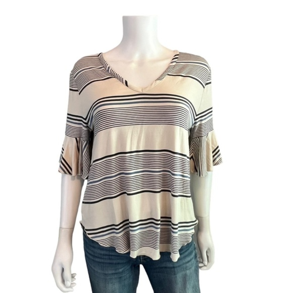 Chaser New Cream Blue Striped Ruffle Sleeve Top Size M - Picture 2 of 5